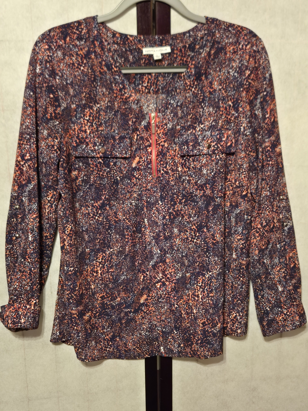 Notations Navy and Coral Printed Long-Sleeve Top with Zip Detail